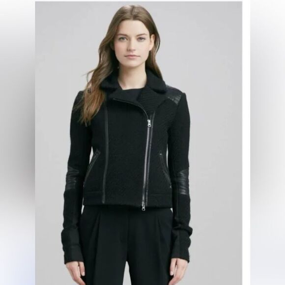Vince Jackets & Blazers - Vince For Bergorf Goodman Black Leather Trim Wool Tweed Moto Jacket Size XS
